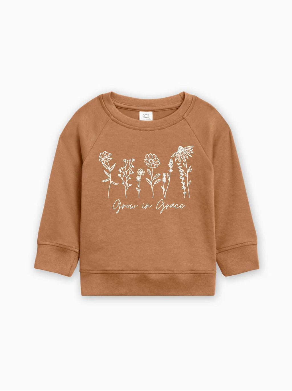 Caramel baby pullover with long sleeves and white botanical 'Grow in Grace' print