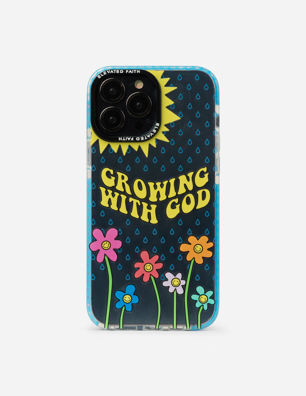 Blue floral phone case with 'Growing With God' text and camera cutouts