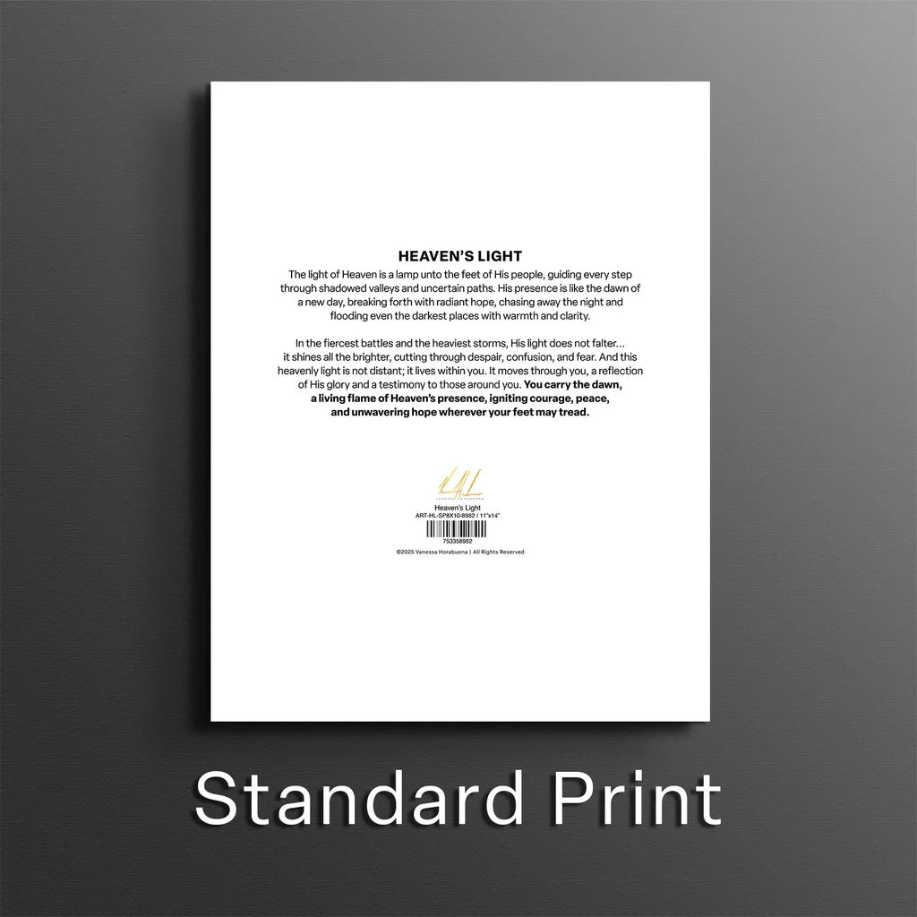 Back of framed art print with centered text block and barcode label on white backing.