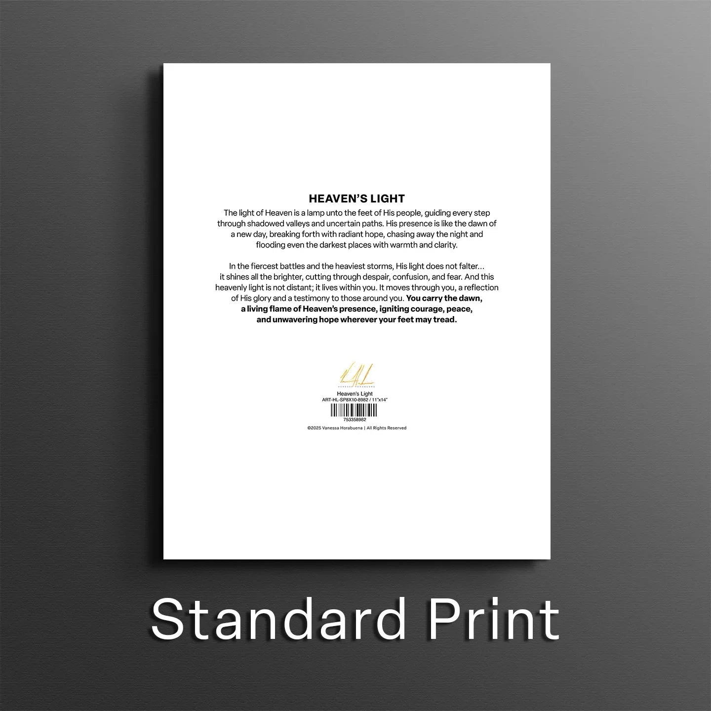 Back of framed art print with centered text block and barcode label on white backing.
