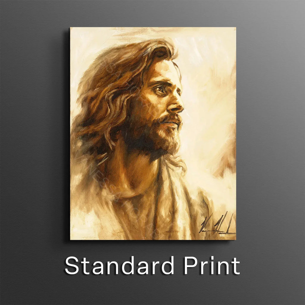 Portrait wall art print of a man with long brown hair and beard, in warm sepia tones.