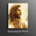 Portrait wall art print of a man with long brown hair and beard, in warm sepia tones.