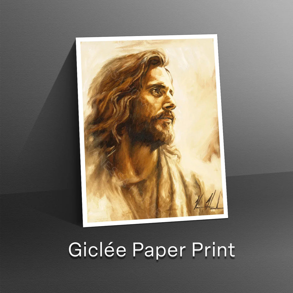 Portrait wall art print of a long-haired bearded man, warm sepia sketch style on paper.