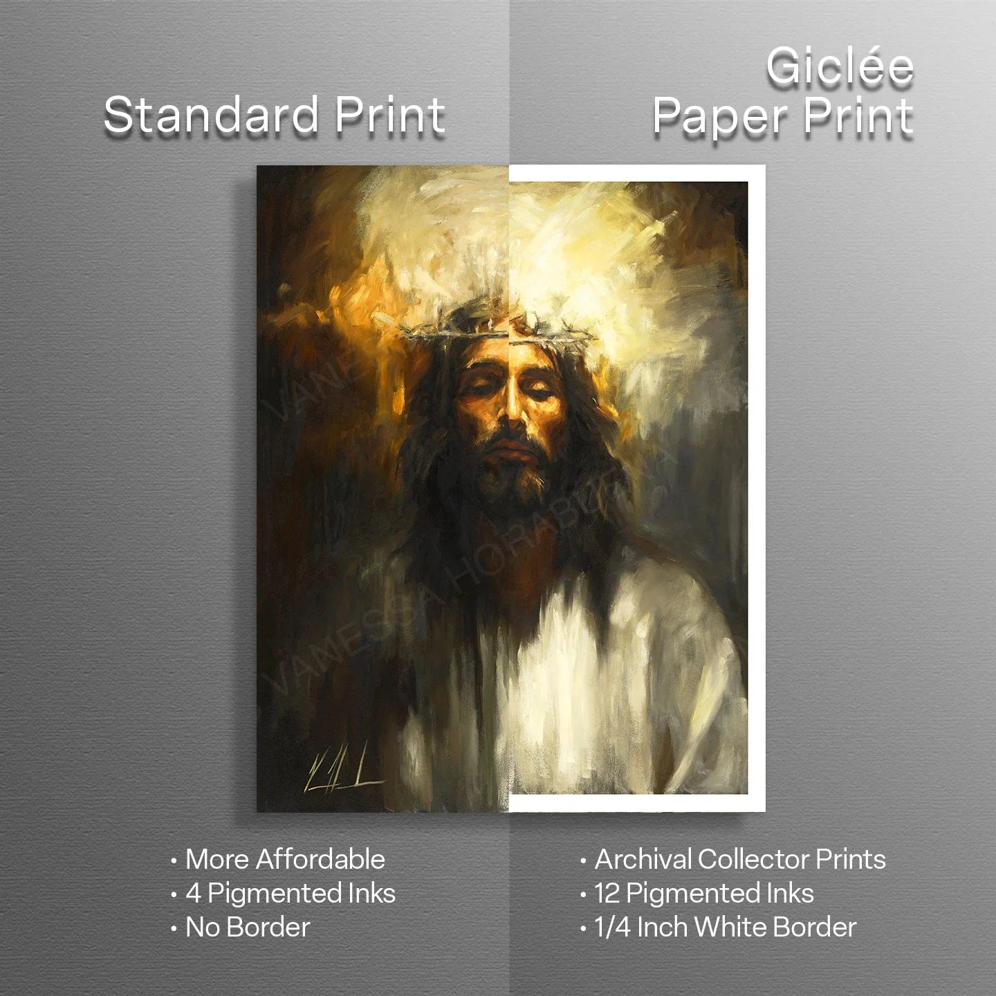 Holy One portrait print with glowing halo, long beard and white robe in frame