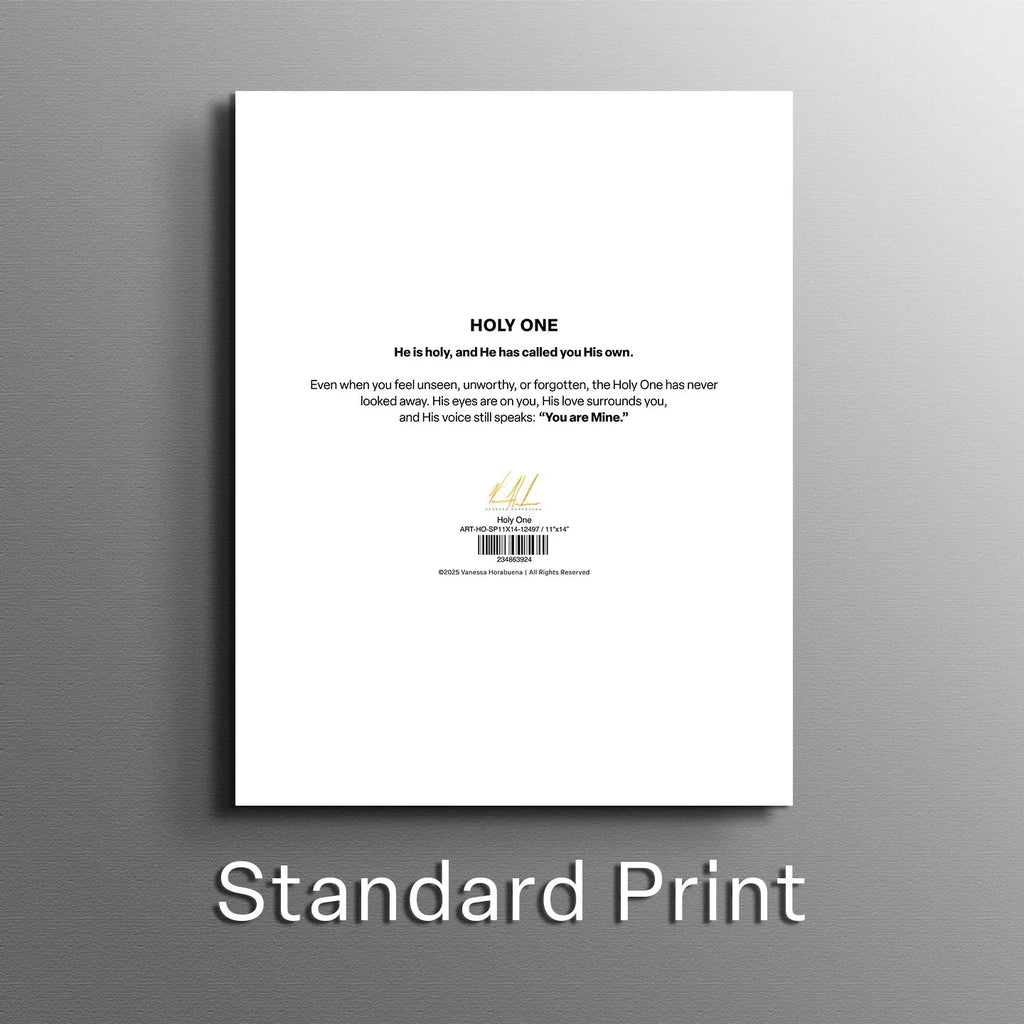 Holy One back print sheet with centered text and small logo mark on white