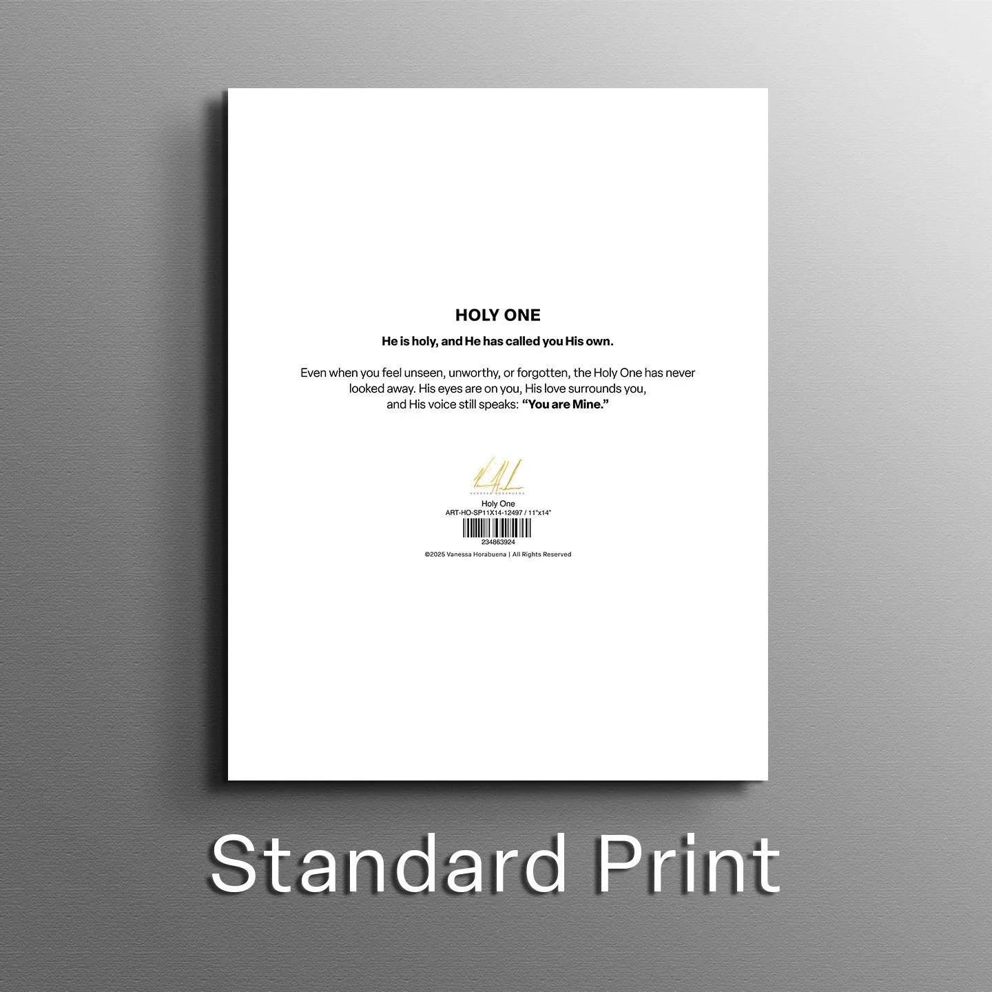 Holy One back print sheet with centered text and small logo mark on white