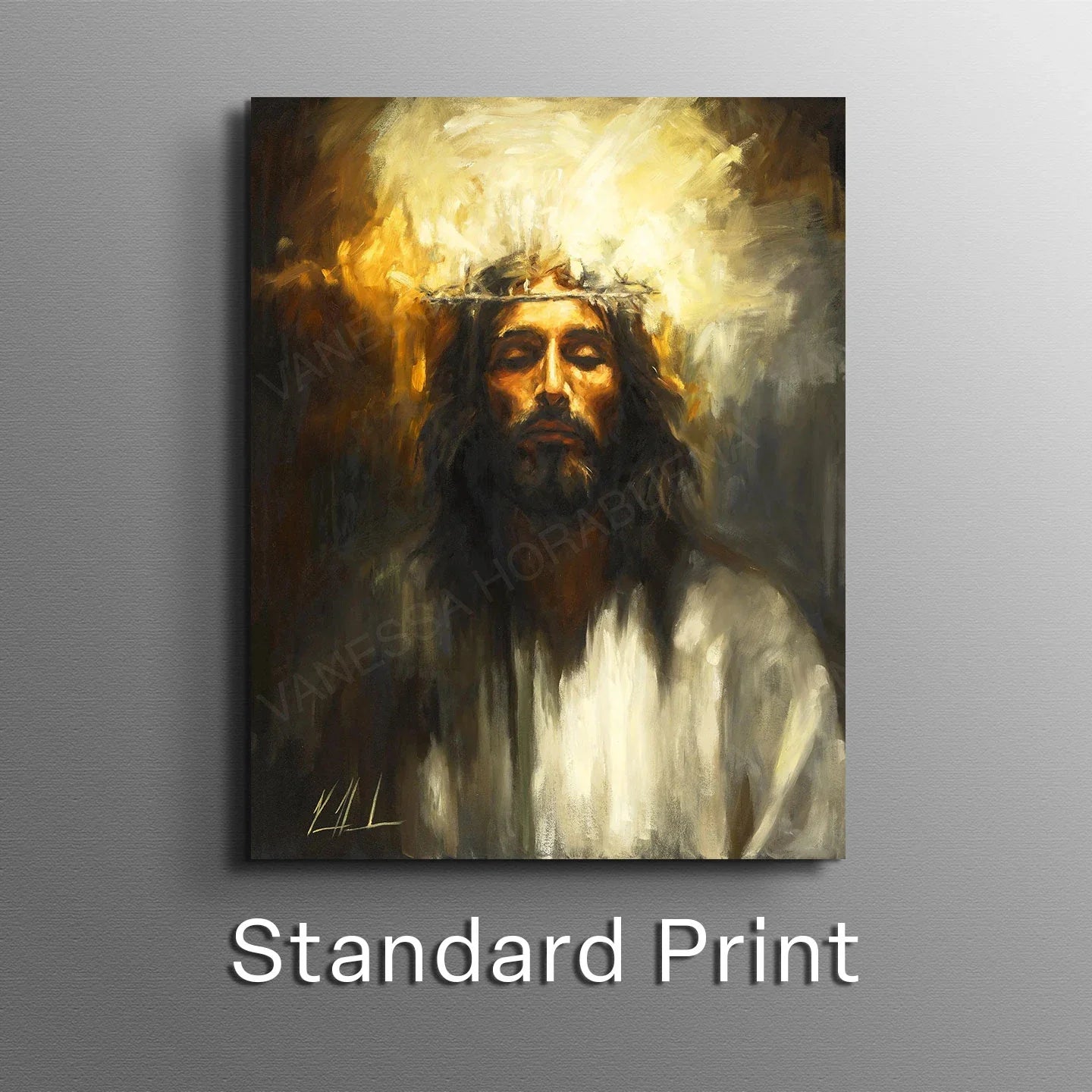 Holy One portrait artwork with glowing halo, long beard and white robe, framed
