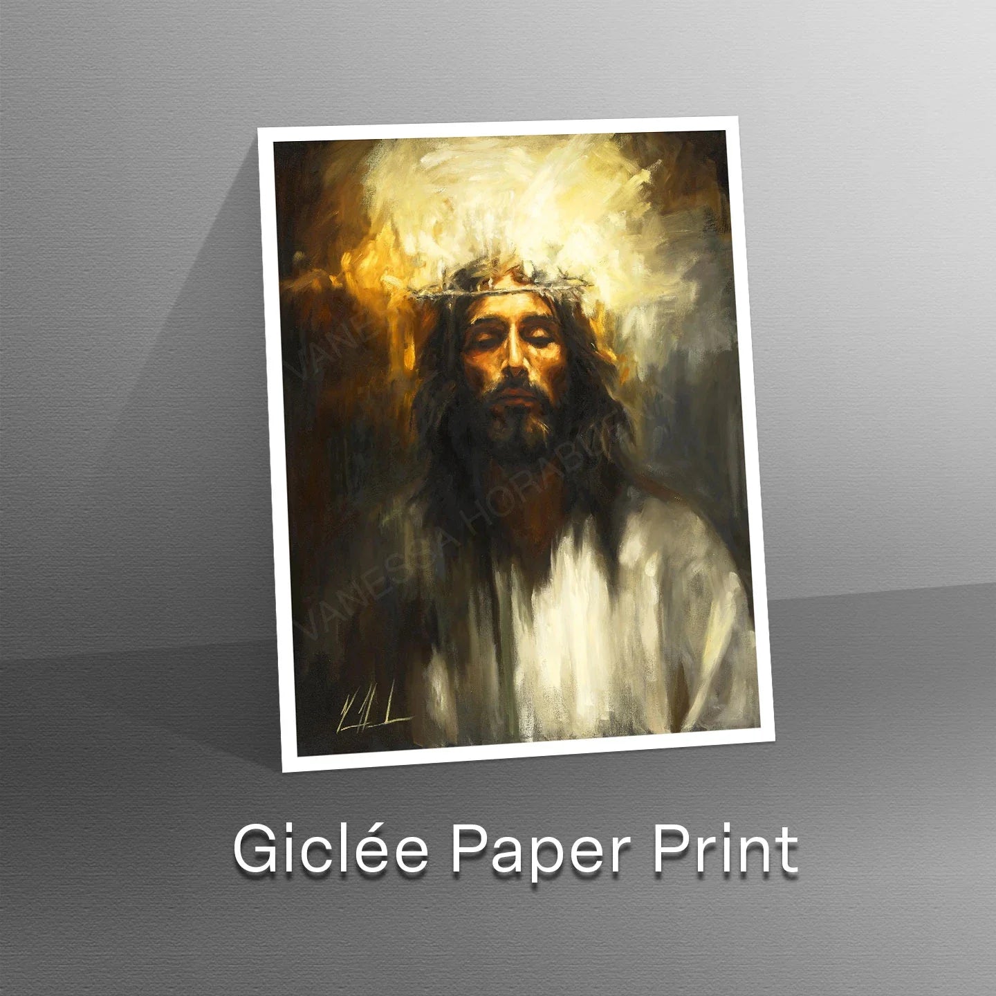 Holy One portrait artwork of a bearded man with glowing halo, white robe, in white frame