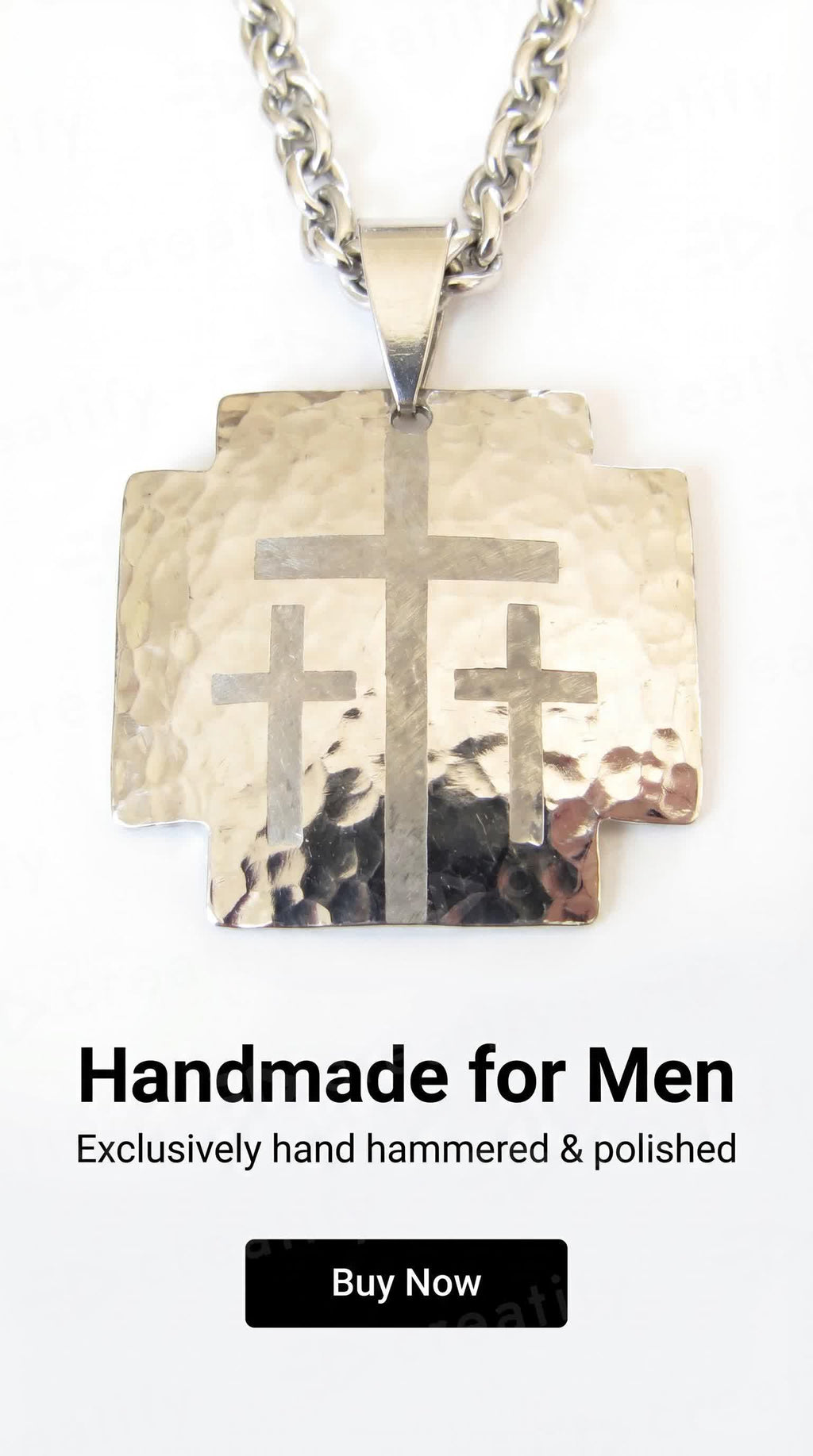 Hammered dog tag pendant with triple cross design and necklace chain