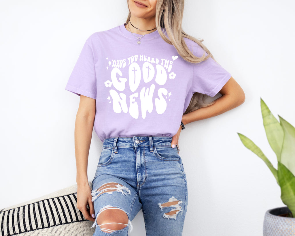 Unisex Christian graphic T-shirt, lavender with white front lettering