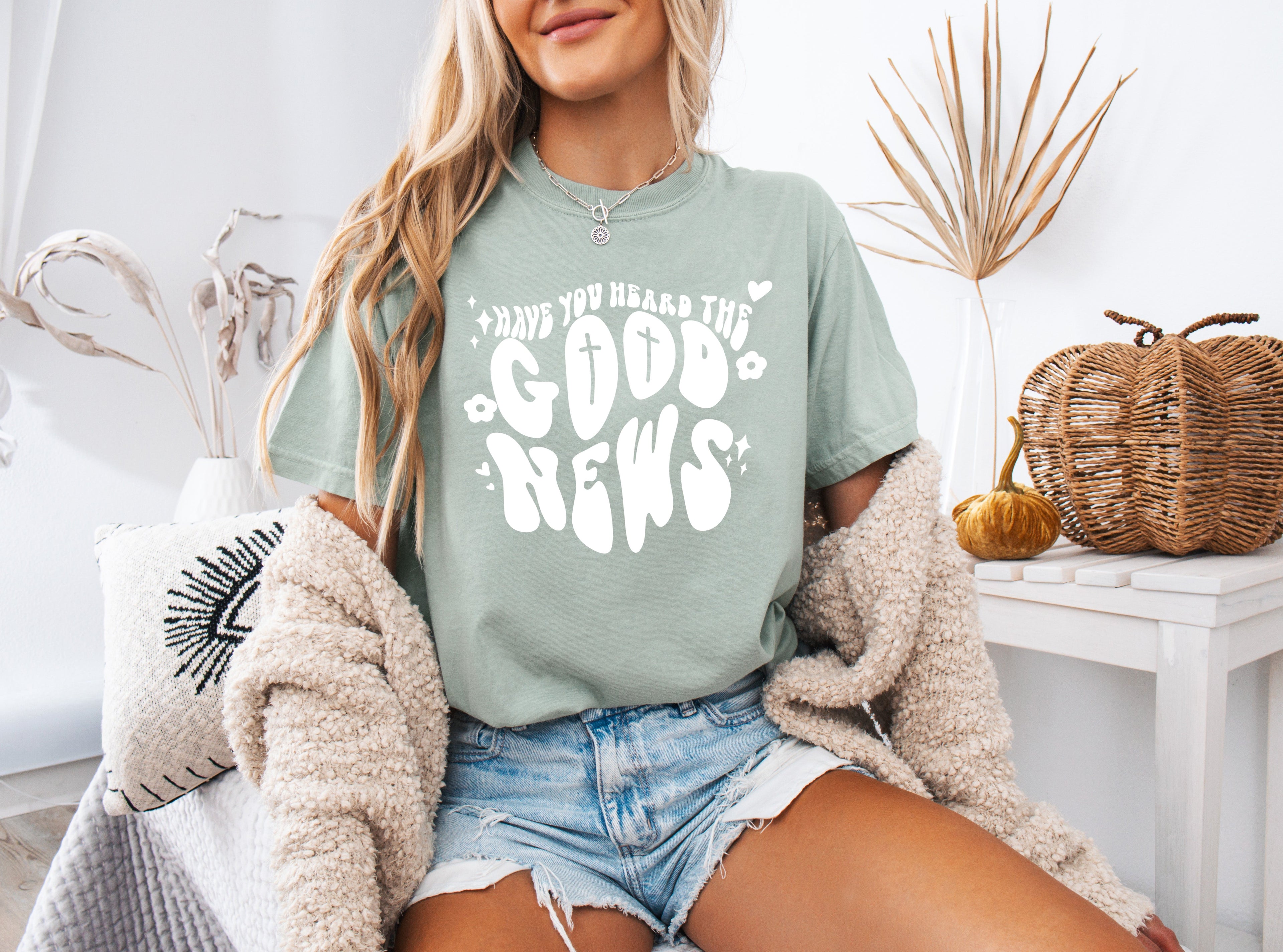 Unisex Christian graphic T-shirt, sage green with white front lettering