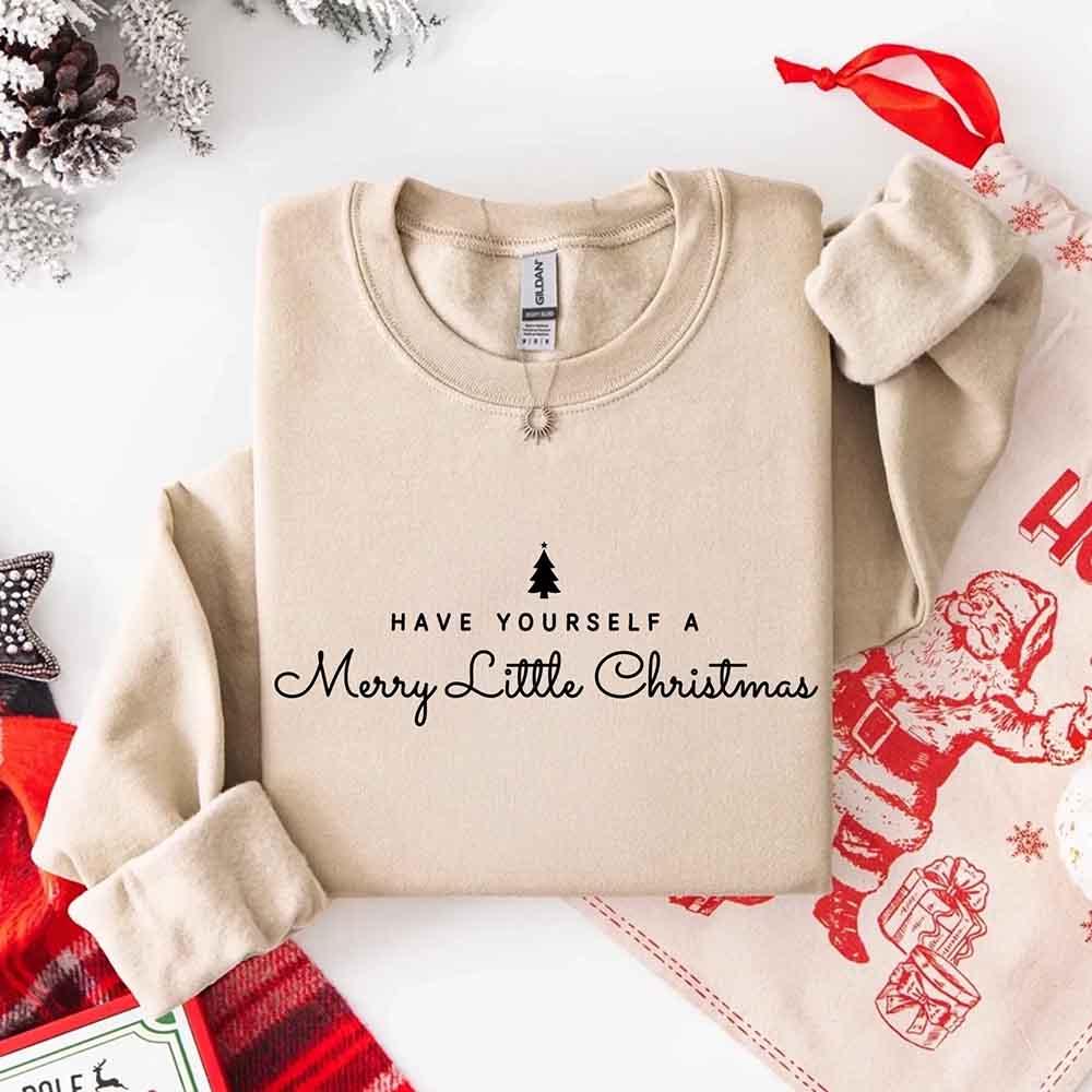 Sand crewneck sweatshirt with holiday tree and cursive text, long sleeves