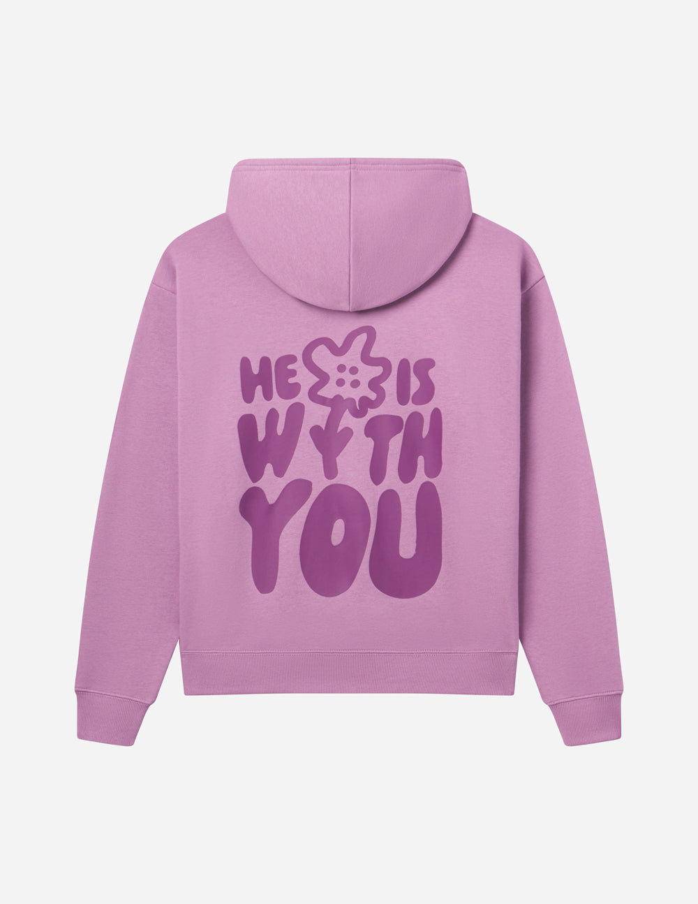 Unisex pullover hoodie in lavender purple with large back graphic and hood