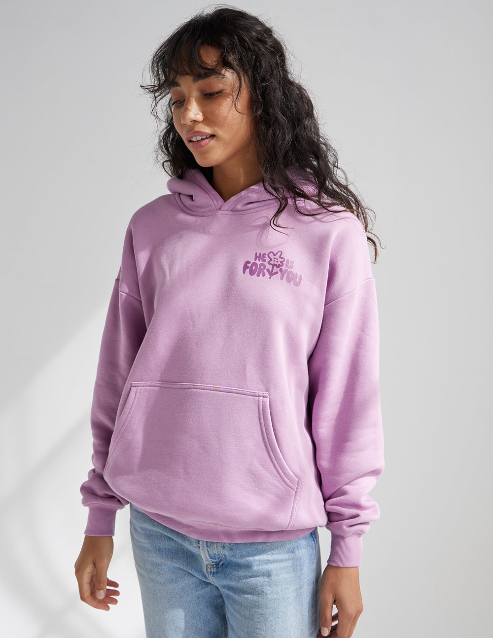 Lilac unisex pullover hoodie with hood, front graphic, and kangaroo pocket