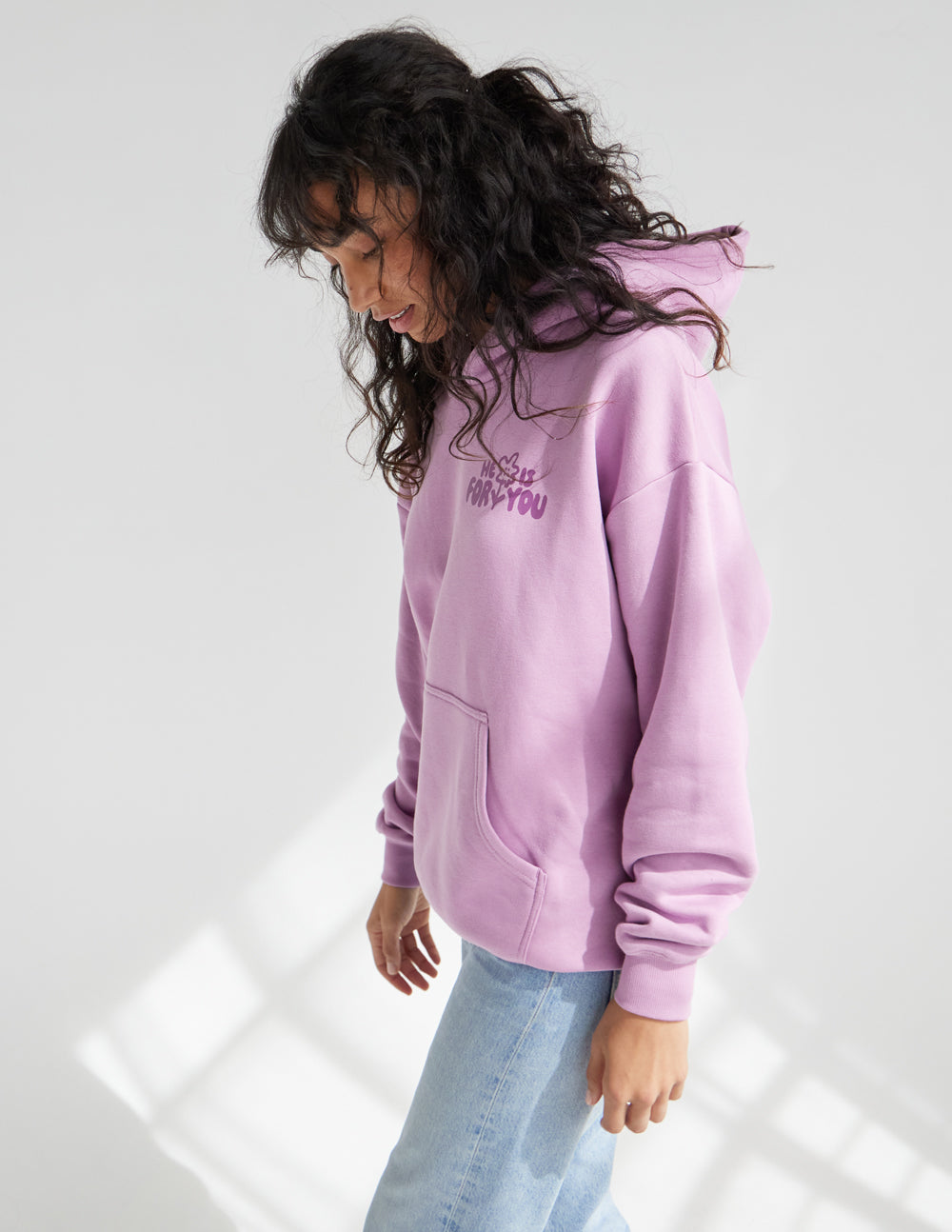 Back view of lilac unisex hoodie with hood and kangaroo pocket