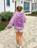 Unisex lilac hoodie with front graphic text, pullover hood, and kangaroo pocket