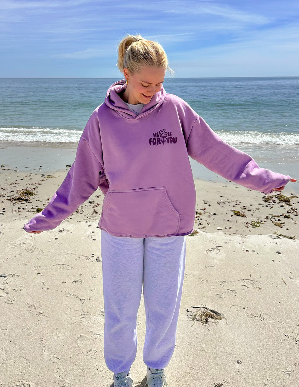 Lilac unisex hoodie front view with hood and kangaroo pocket