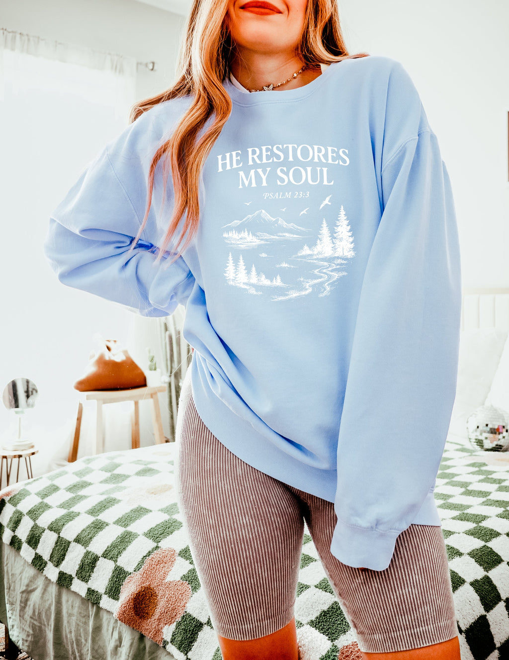 Dyed hydrangea sweatshirt with “He Restores My Soul” Psalm 23:3 forest graphic