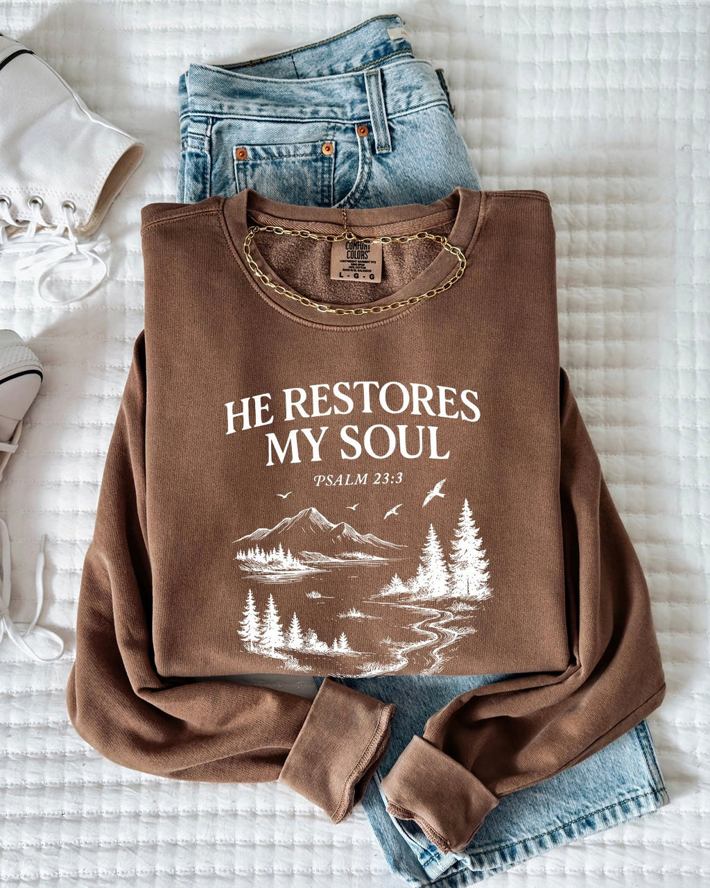 Dyed espresso sweatshirt with “He Restores My Soul” Psalm 23:3 forest graphic