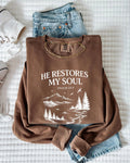 Dyed espresso sweatshirt with “He Restores My Soul” Psalm 23:3 forest graphic