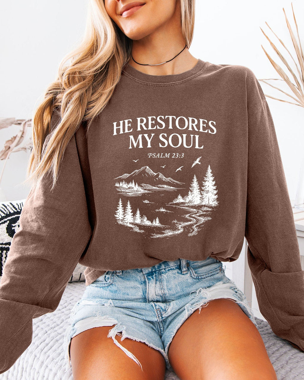 Long sleeve T-shirt, brown, chest graphic with “He Restores My Soul” text