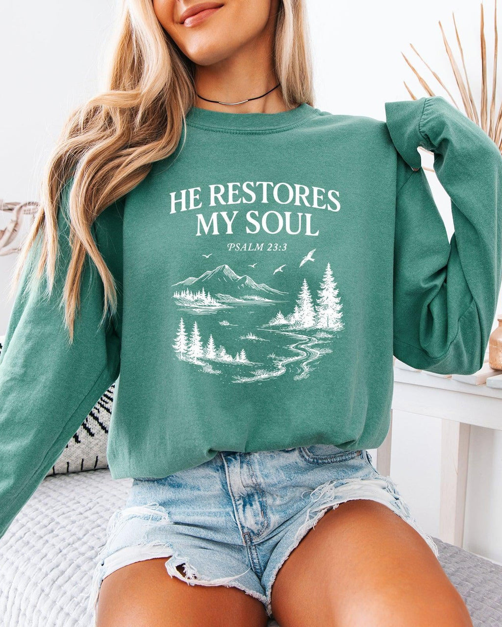 Long sleeve T-shirt, green, chest graphic with “He Restores My Soul” text