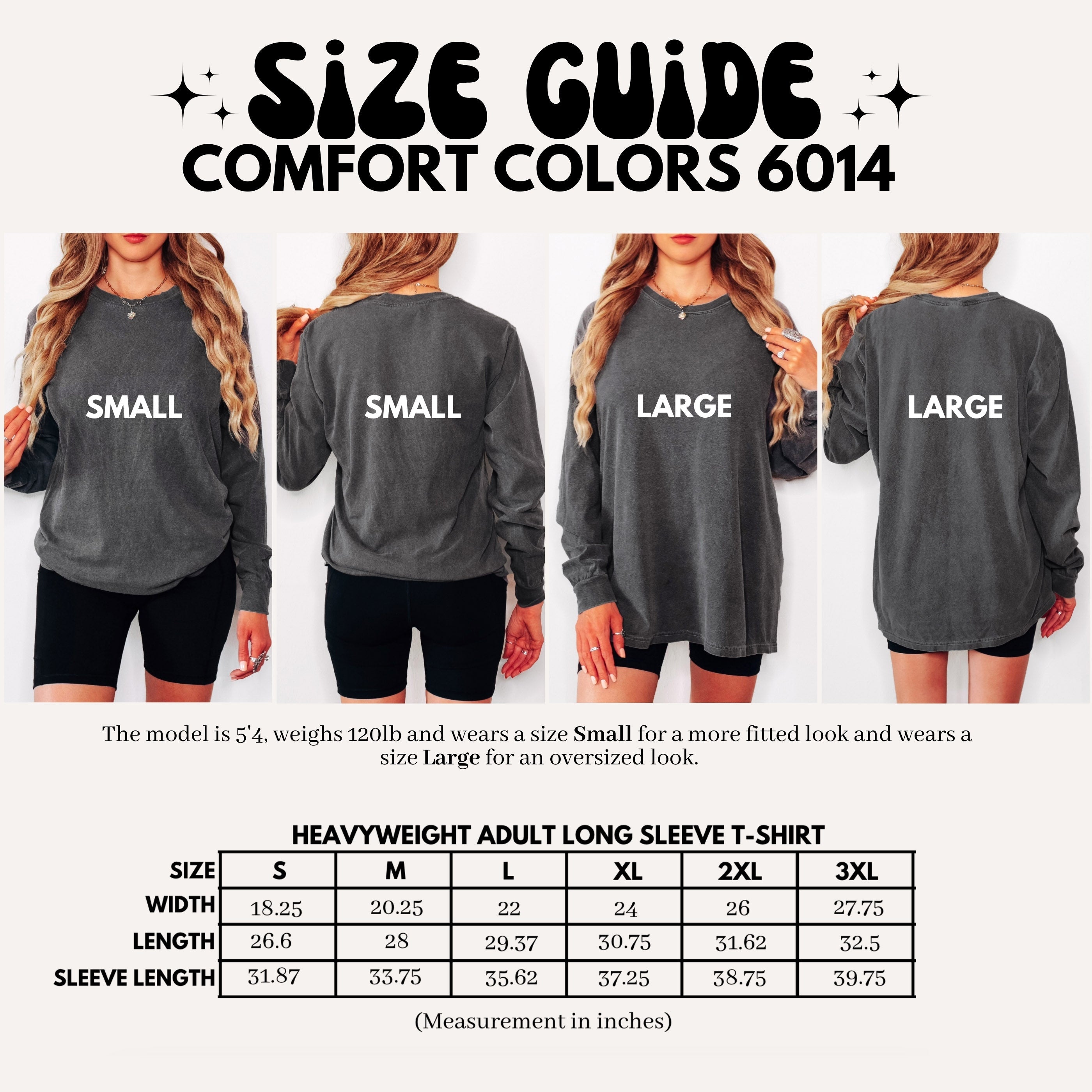 Comfort Colors long sleeve T-shirt size guide graphic with model views and measurements