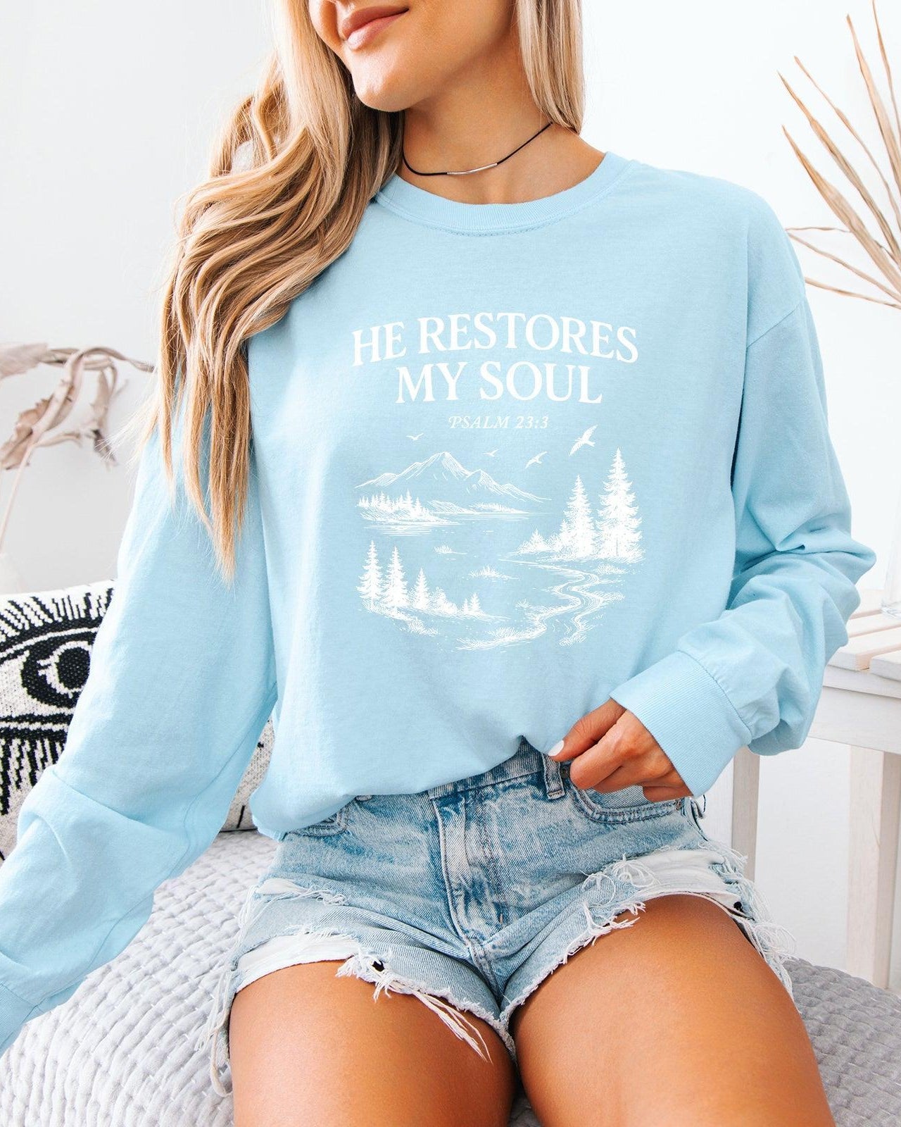 Long sleeve T-shirt, light blue, chest graphic with “He Restores My Soul” text