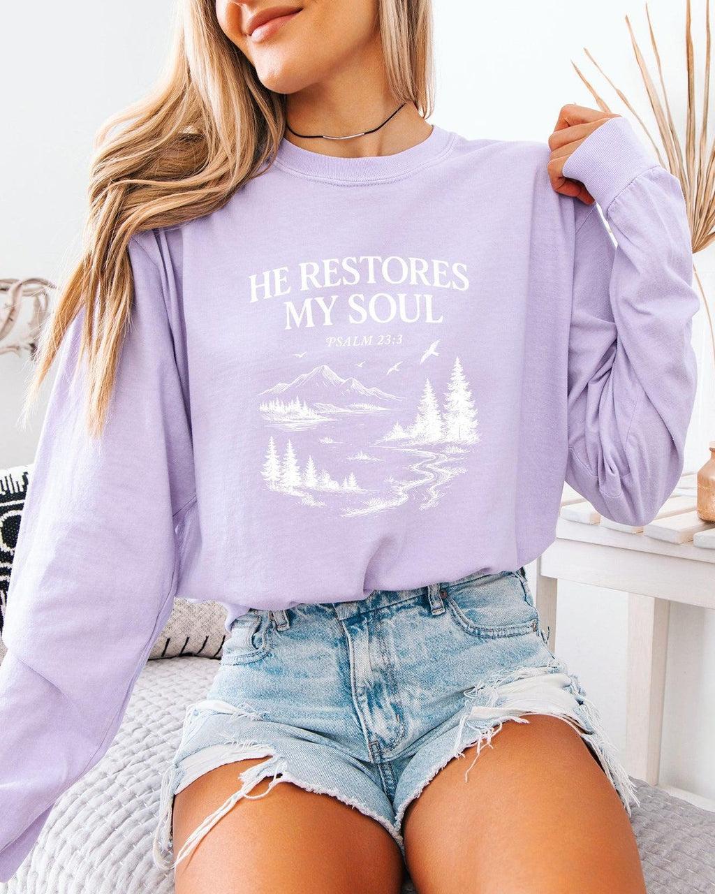 Long sleeve T-shirt, lavender, chest graphic with “He Restores My Soul” text