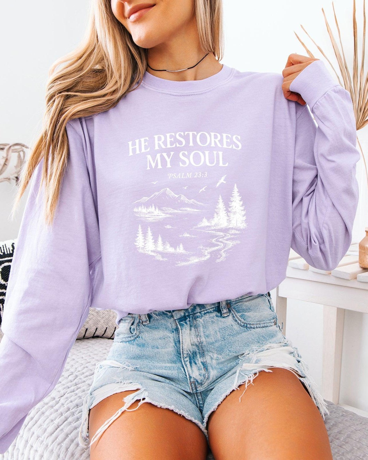 Long sleeve T-shirt, lavender, chest graphic with “He Restores My Soul” text
