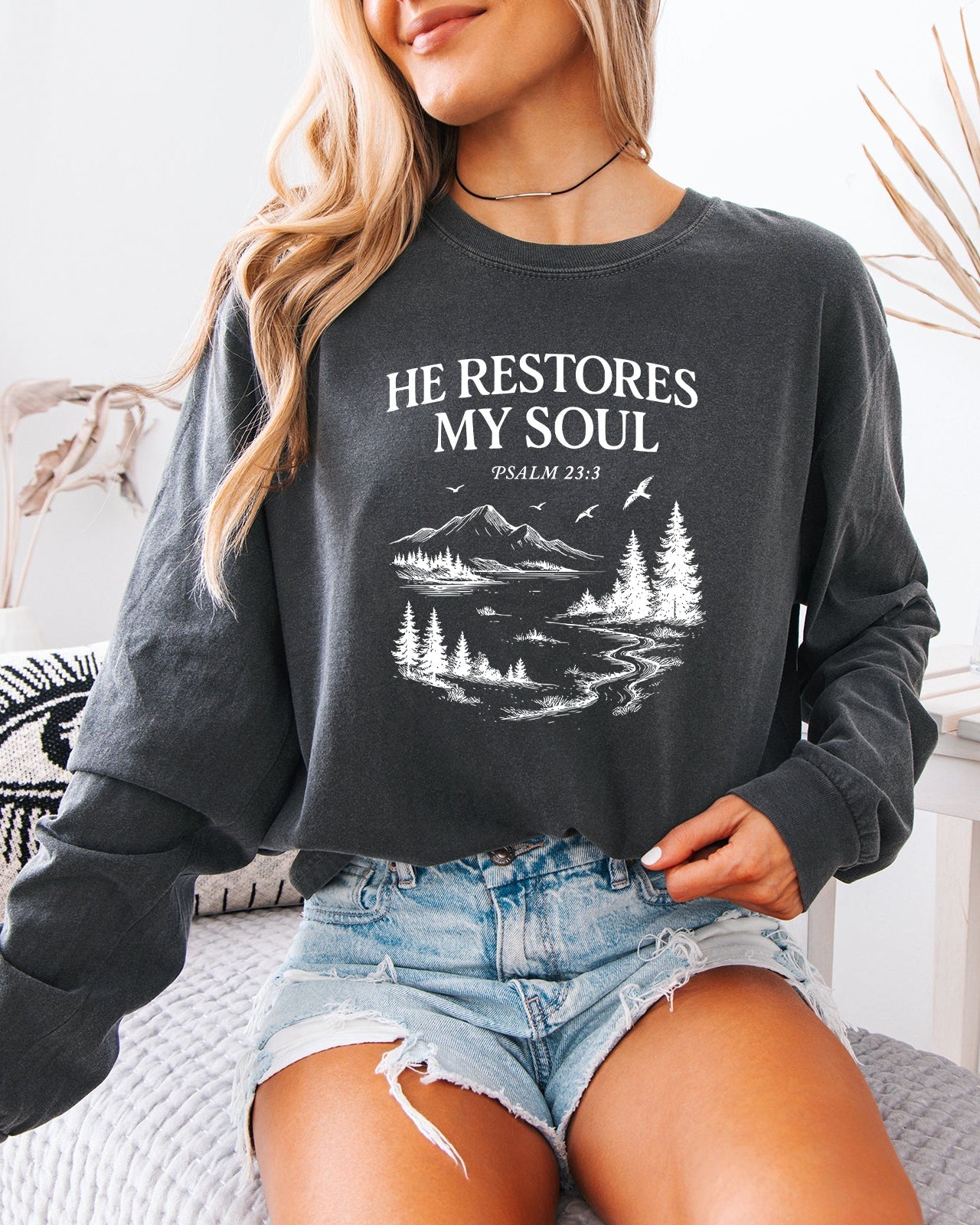 Long sleeve T-shirt, dark gray, chest graphic with “He Restores My Soul” text