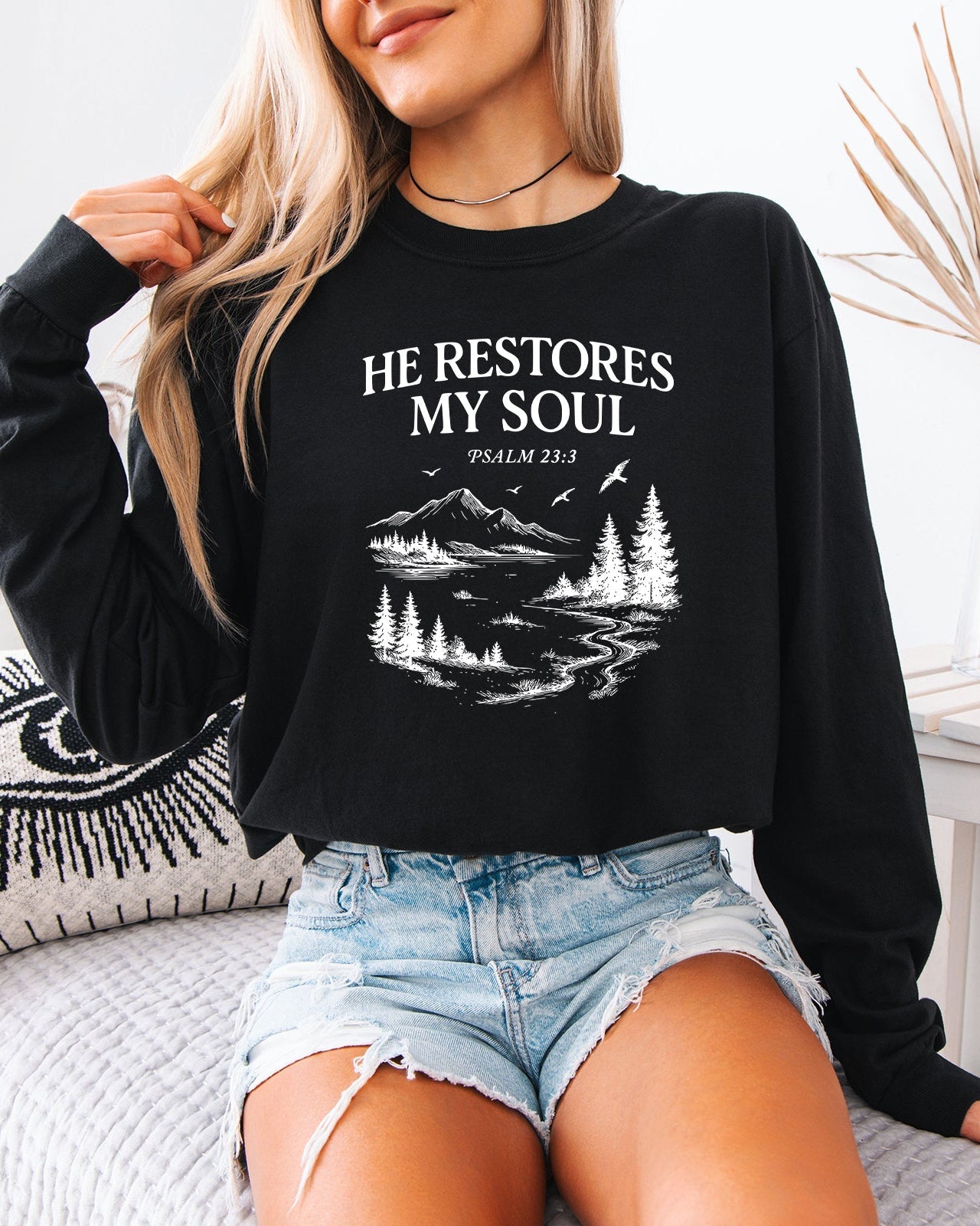 Long sleeve T-shirt, black, chest graphic with “He Restores My Soul” text