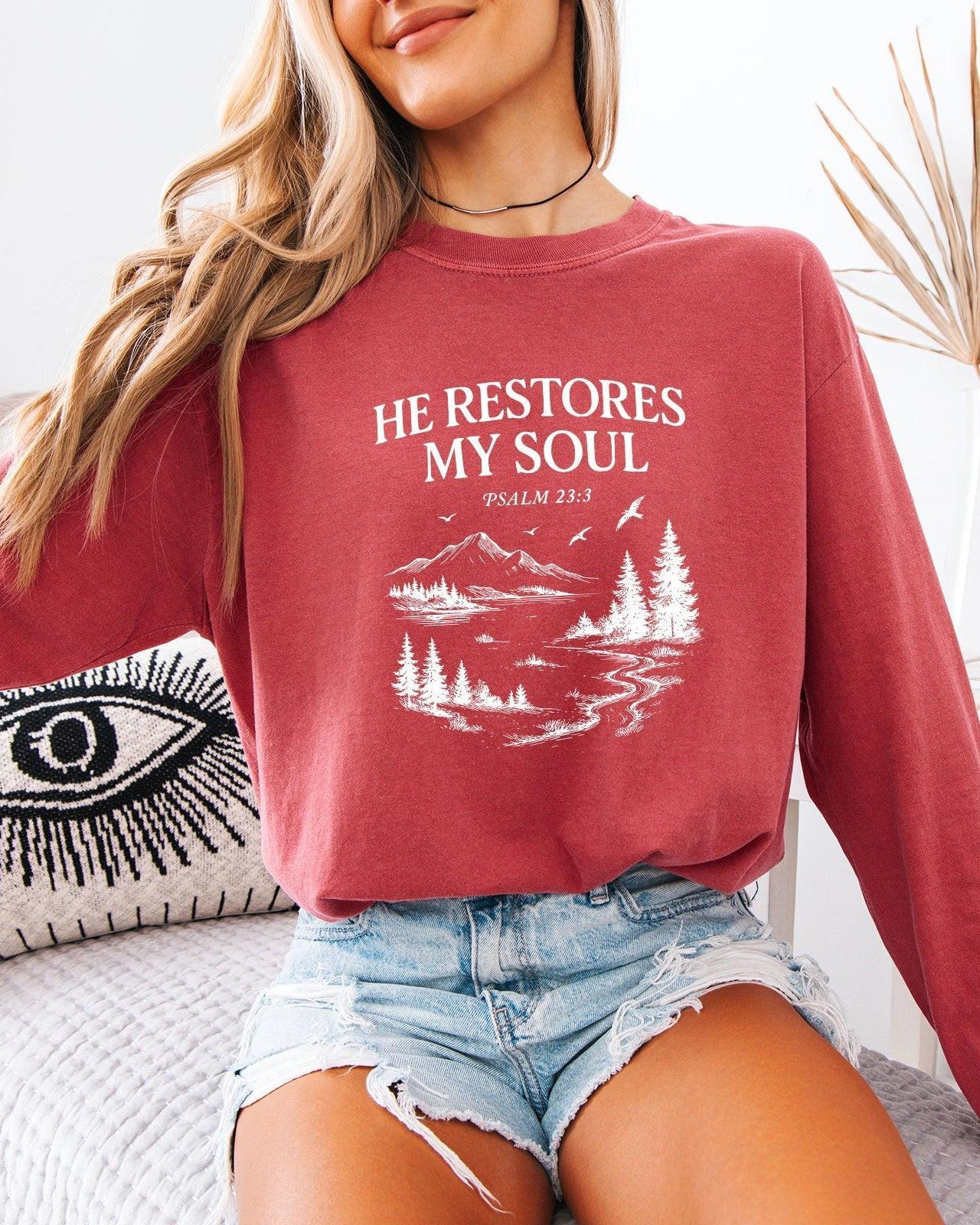 Long sleeve T-shirt, brick red, chest graphic with “He Restores My Soul” text