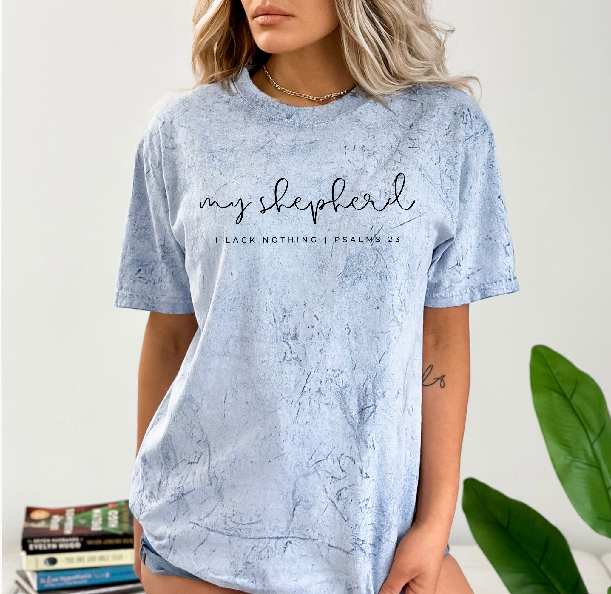 Unisex crewneck T-shirt in light blue with “my shepherd” front graphic