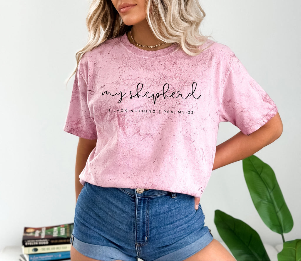 Unisex crewneck T-shirt in pink with “my shepherd” front graphic