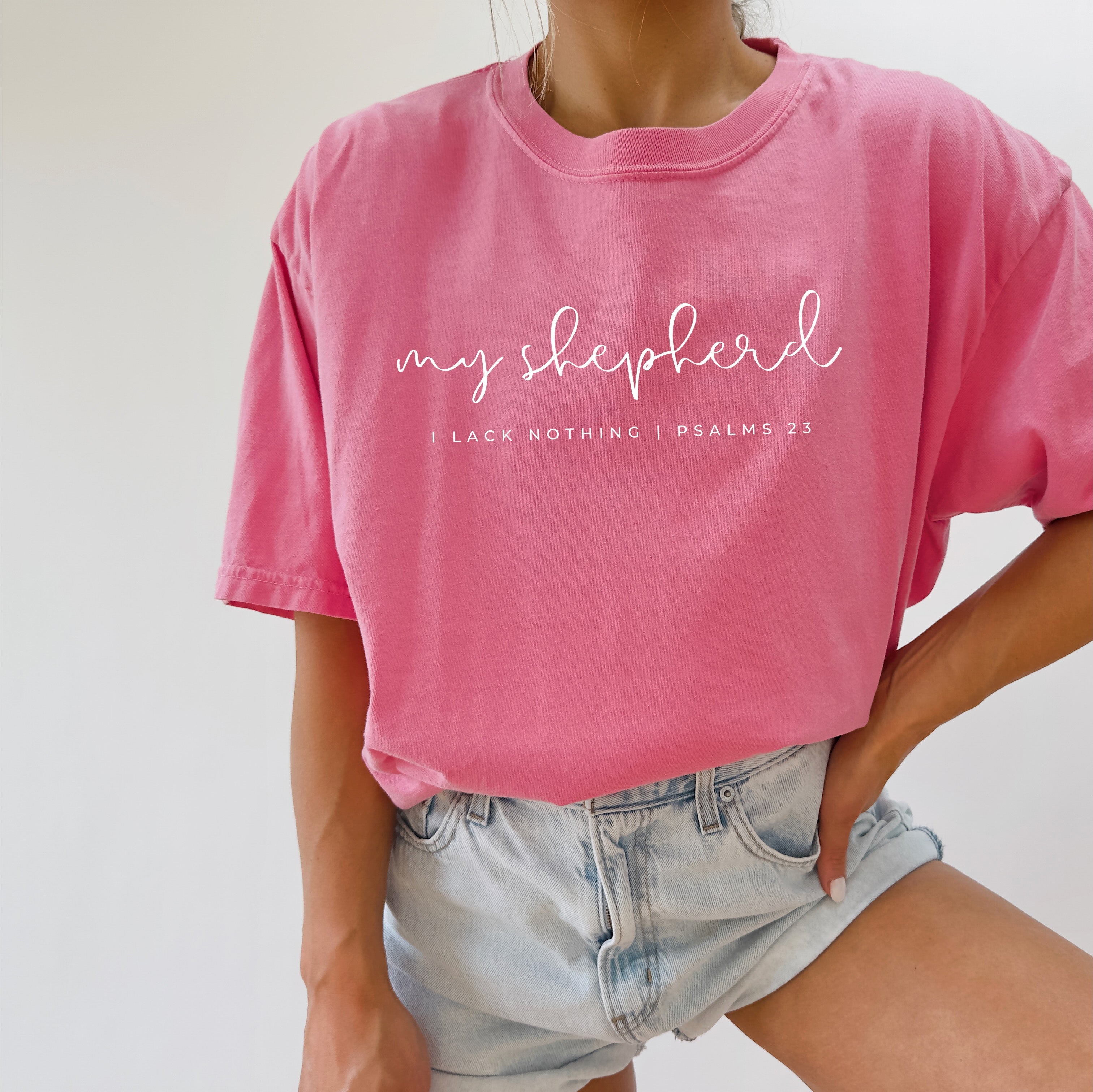 Unisex crewneck T-shirt in bright pink with “my shepherd” front graphic