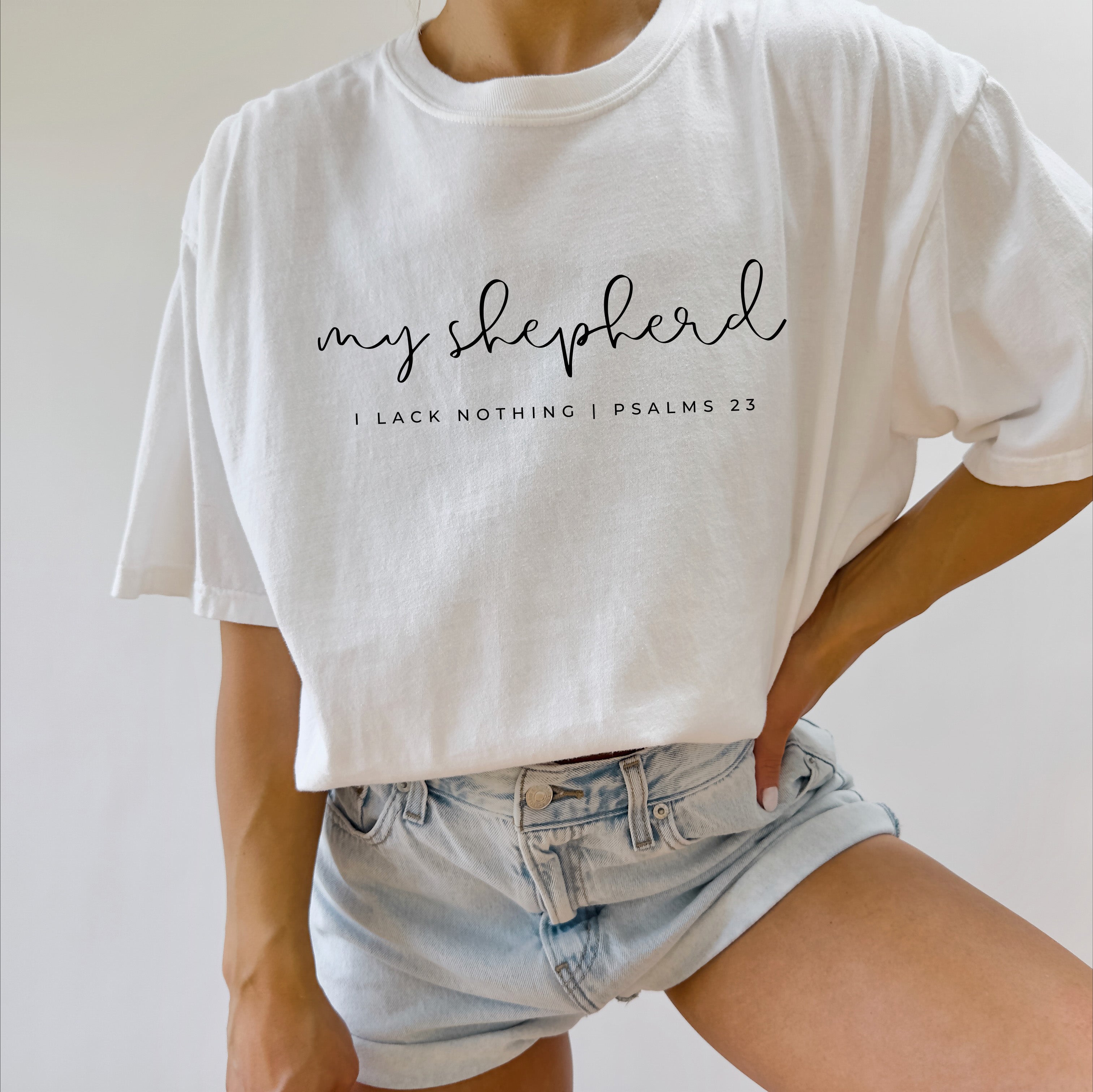 Unisex crewneck T-shirt in white with “my shepherd” front graphic