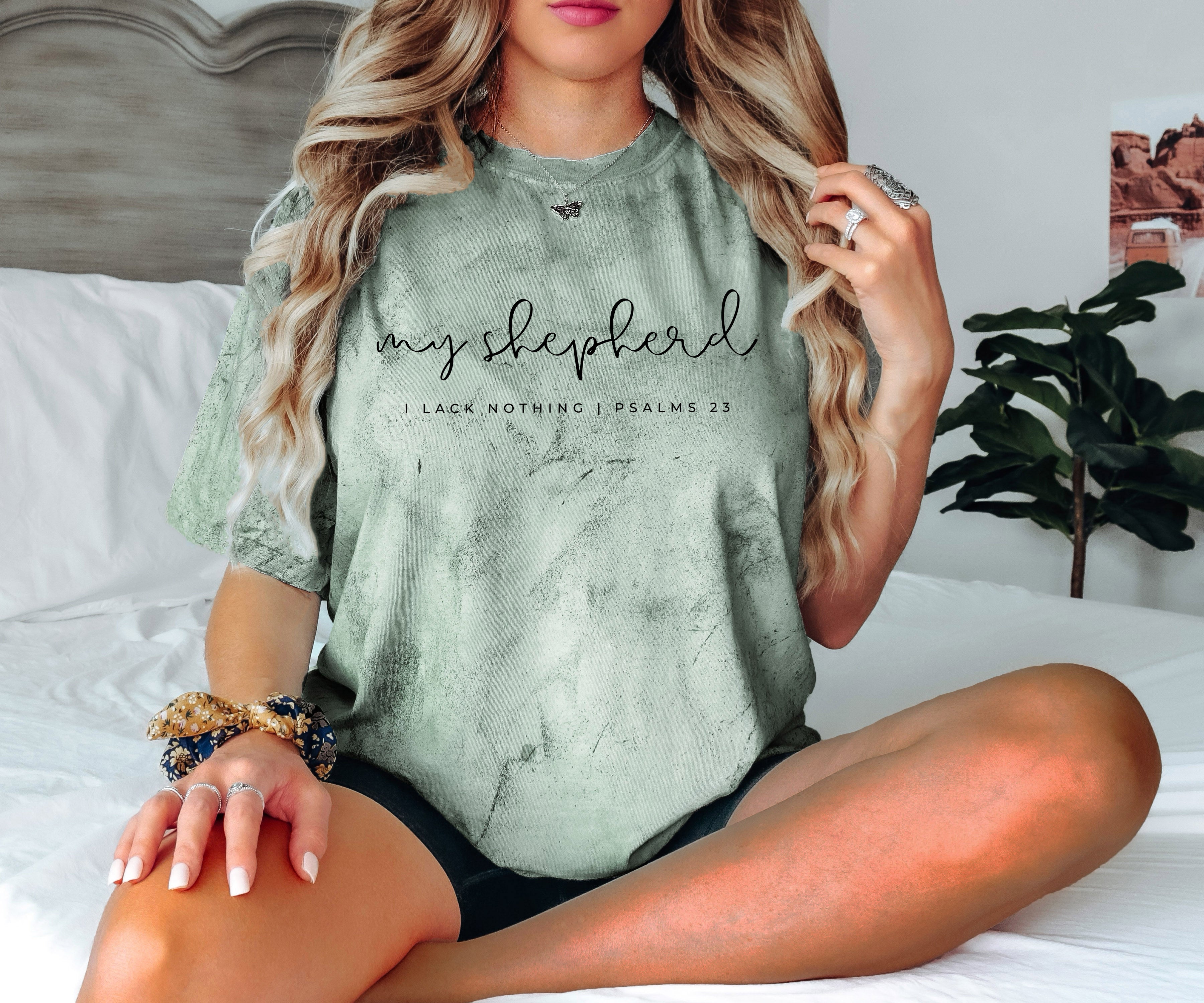 Unisex crewneck T-shirt in sage green with “my shepherd” front graphic