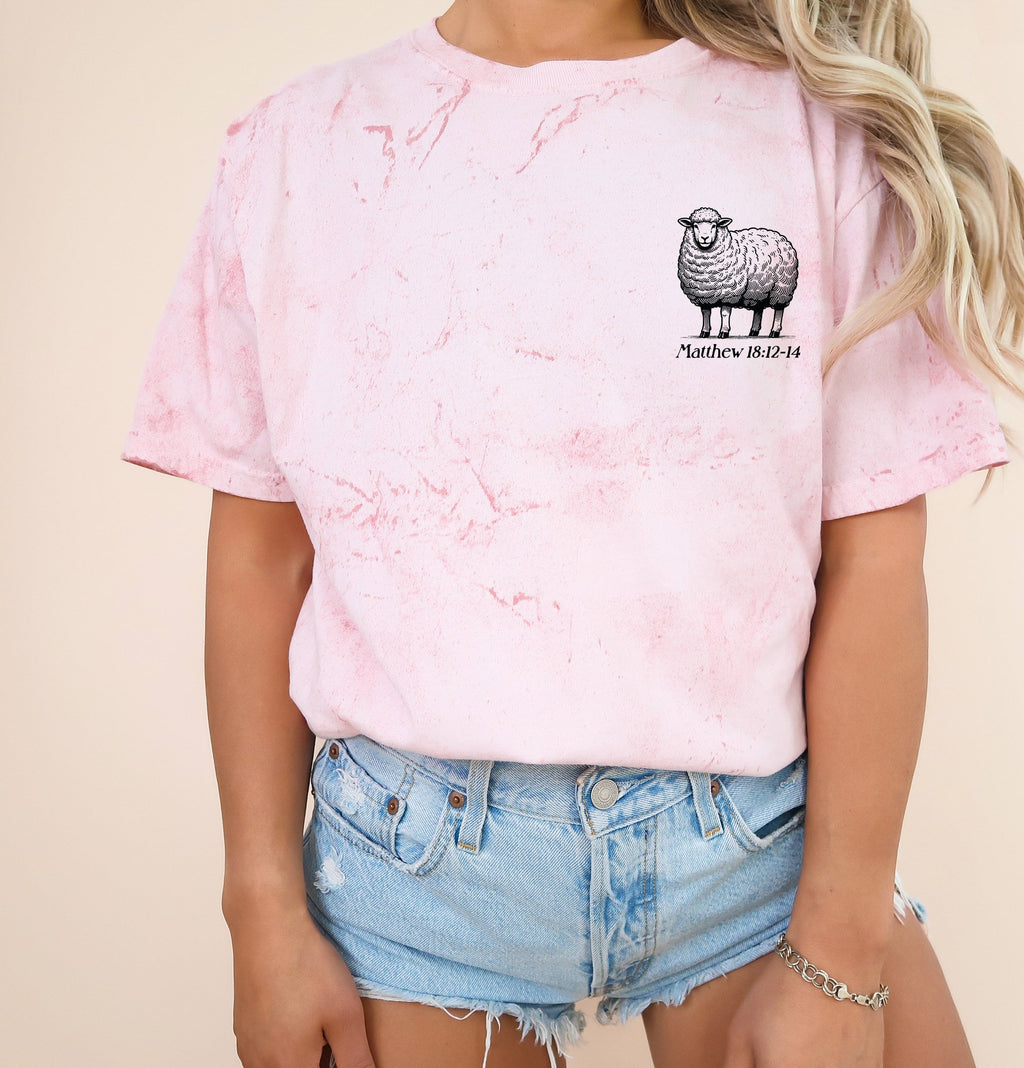 Pink garment-dyed T-shirt with sheep graphic on chest
