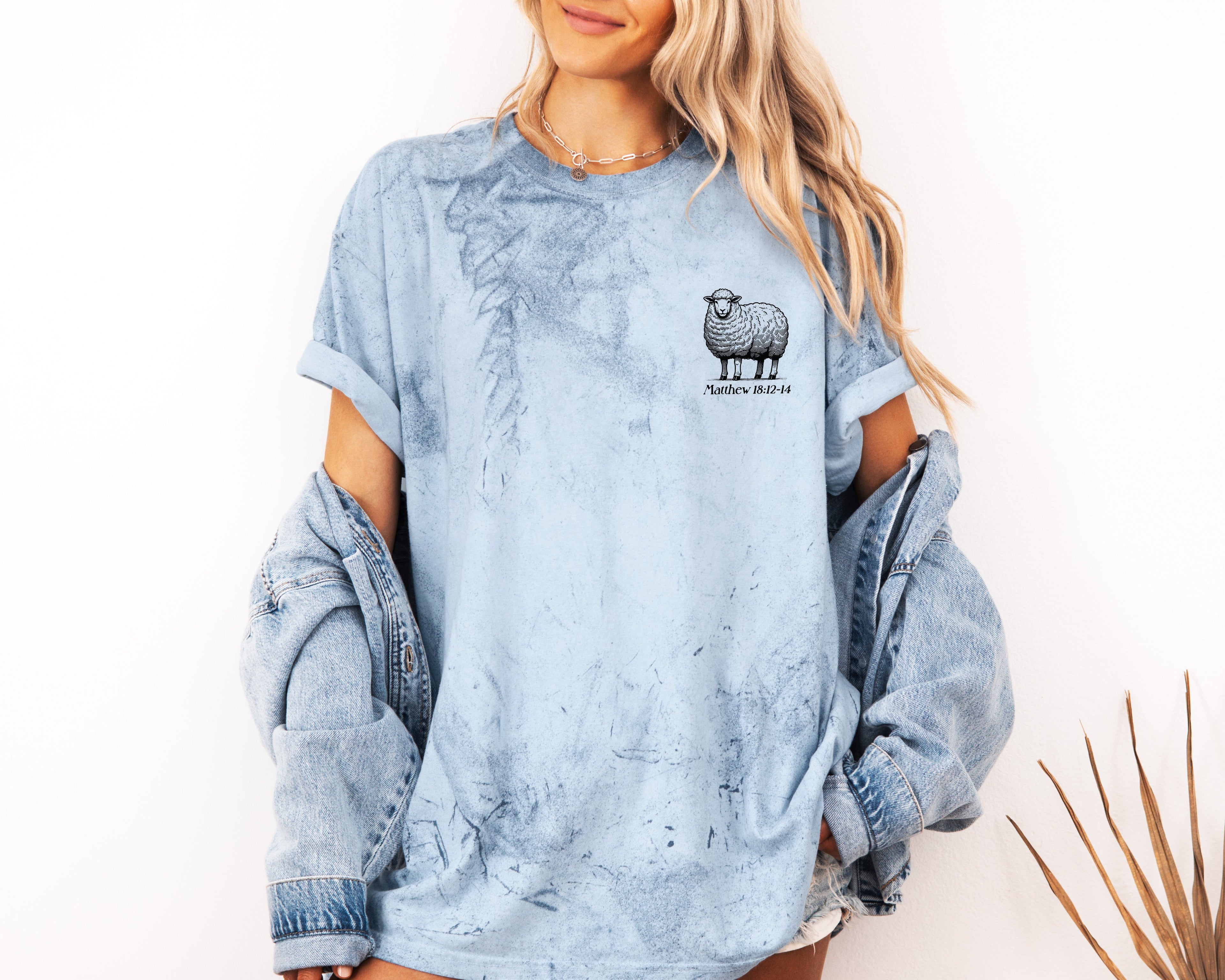Light blue garment-dyed T-shirt with sheep graphic on chest