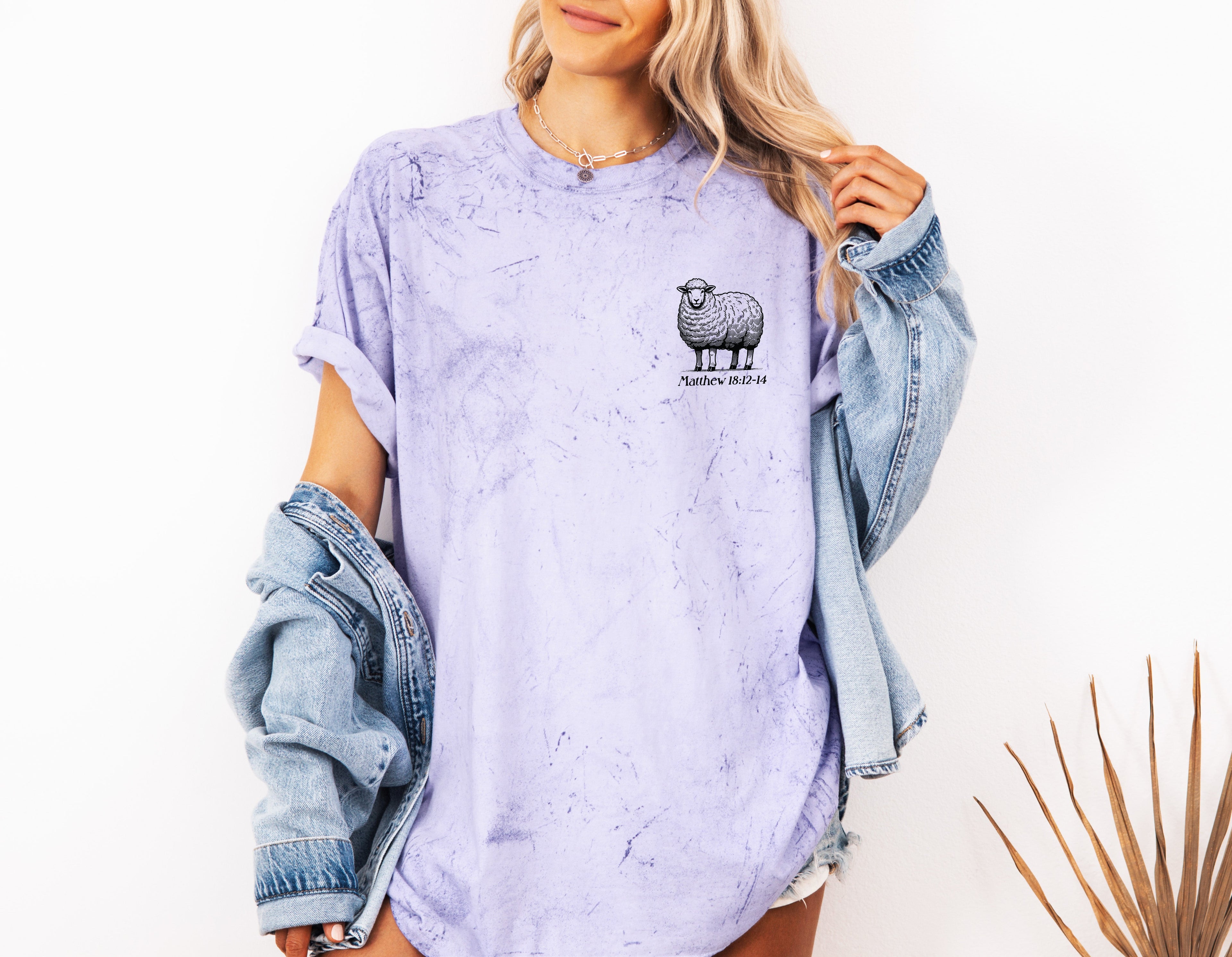 Lavender garment-dyed T-shirt with sheep graphic on chest
