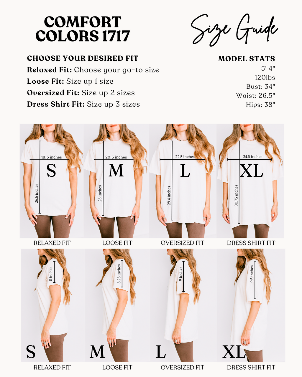 Comfort colors T-shirt size guide infographic with model fit illustrations