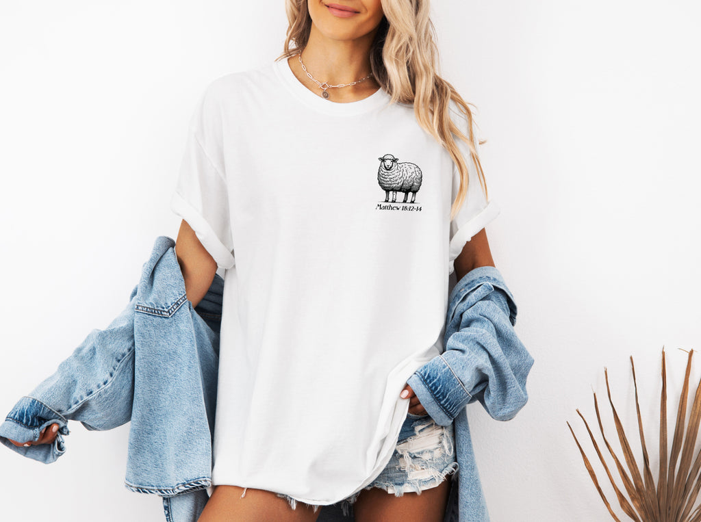 White unisex graphic T-shirt with small chest sheep logo