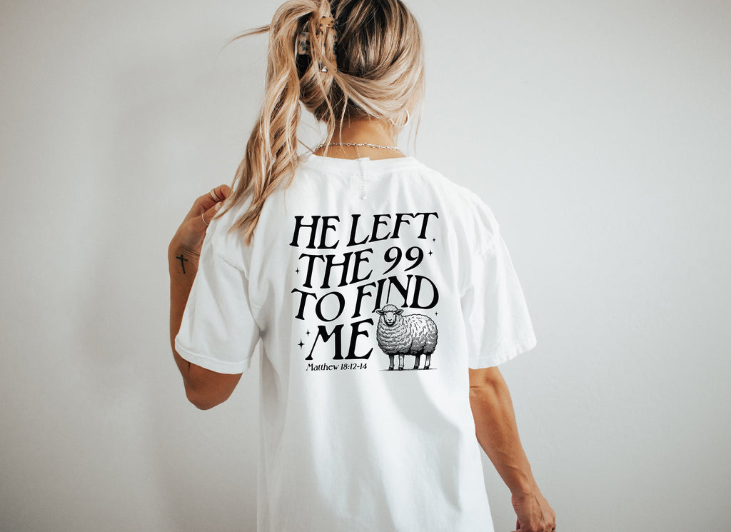 White unisex graphic T-shirt with sheep logo text on back