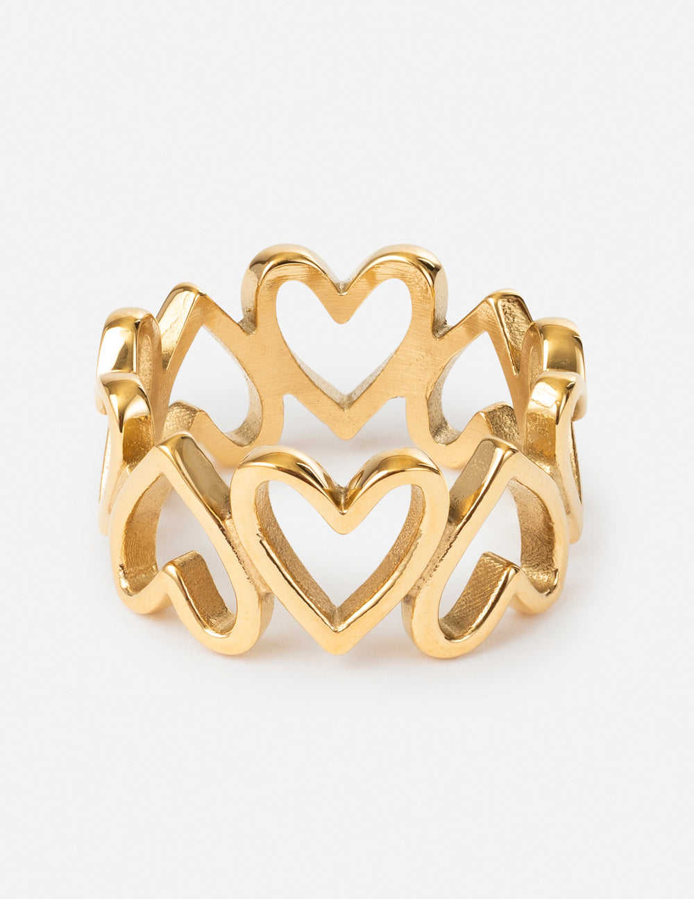 Gold-tone heart-link ring with interlocking heart openwork bands