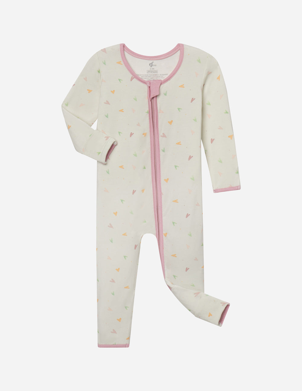 Off-white heart-print footed onesie with pink front zipper, long sleeves.