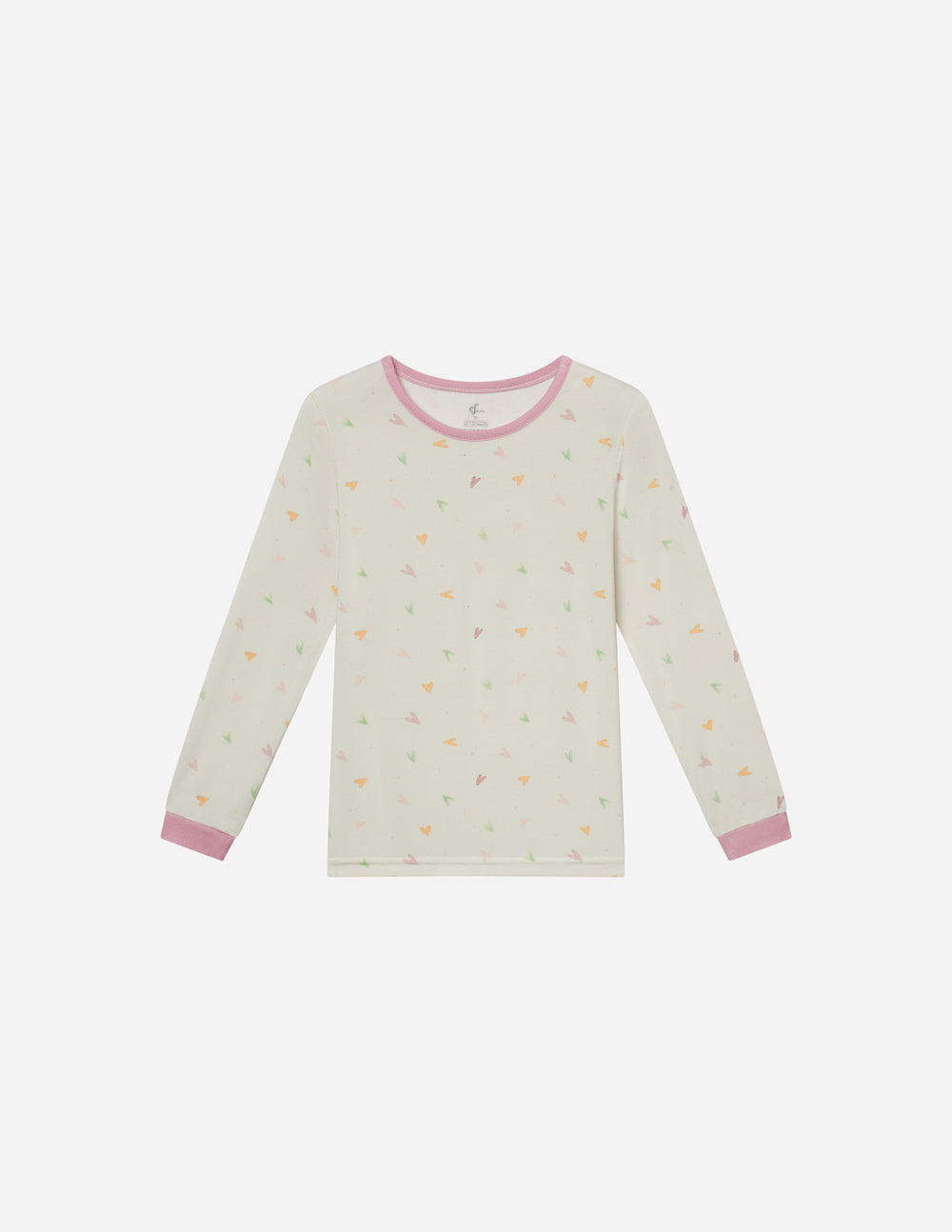 Kids long-sleeve pajama top in light cream with multicolor heart print and pink neck trim