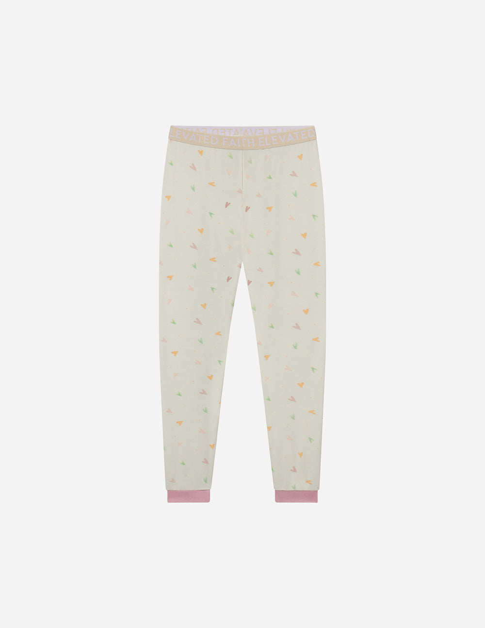 Kids pajama pants in light cream with multicolor heart print and pink waistband cuff trim
