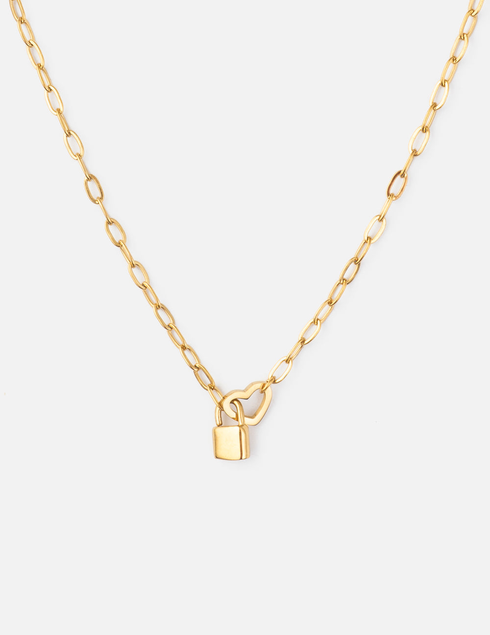 Gold paperclip chain necklace with heart-shaped lock pendant