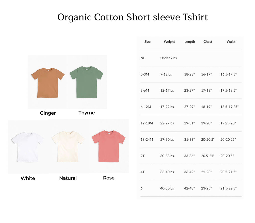 Organic cotton short sleeve T-shirt size chart with color swatches and measurements